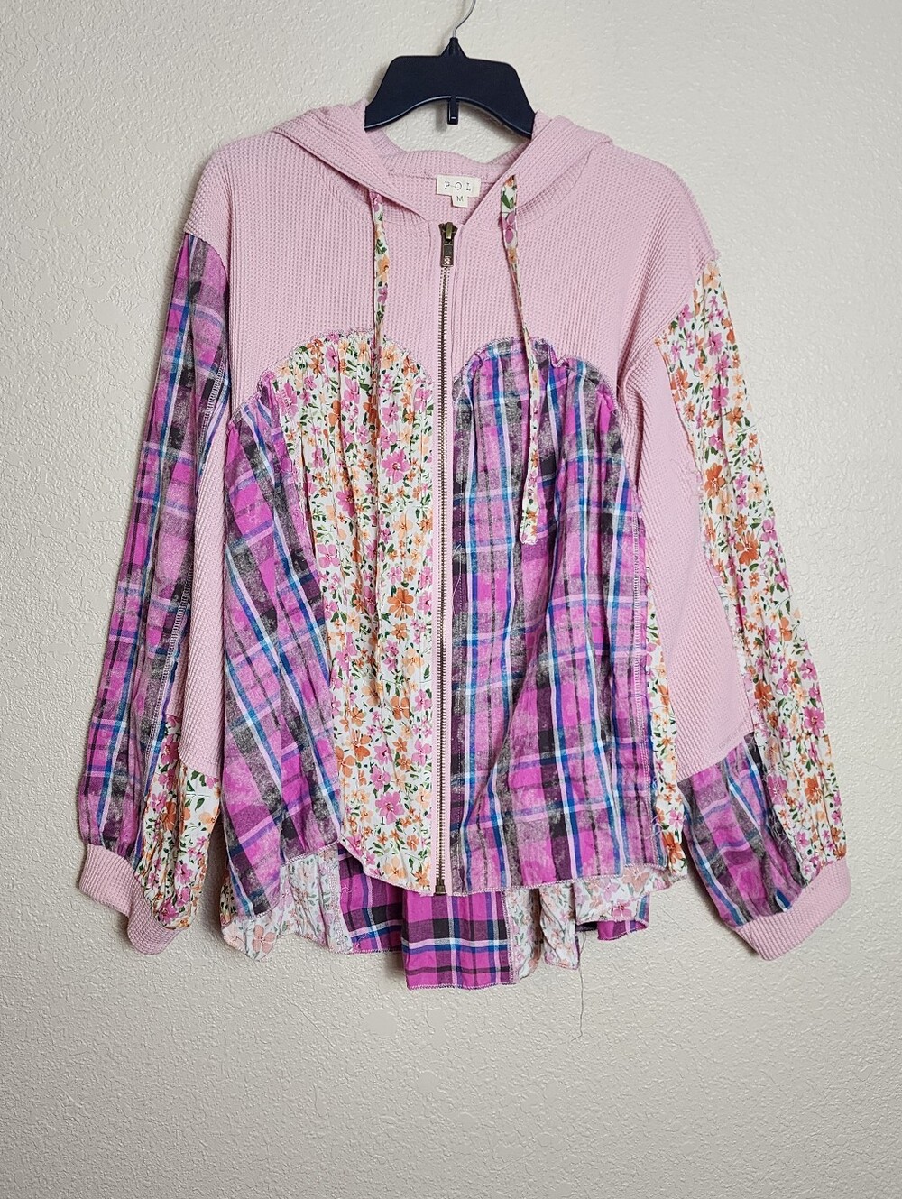 POL Pink Floral Plaid Patchwork Zip Hoodie Medium - Picture 2 of 9